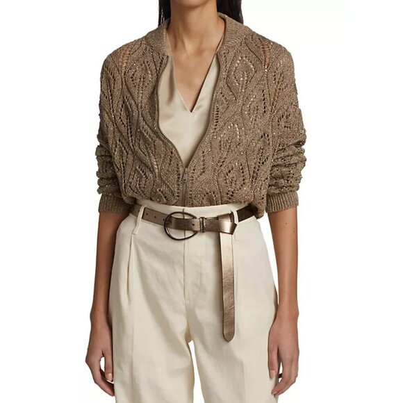 Brunello Cuccinelli Pailette Crochet Lace Bomber Cardigan in Tobacco Tan Large - Picture 3 of 12